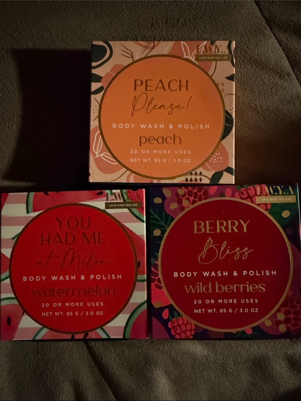 L.W.Y.A body wash & Polish sponges- peach, wild berries & watermelon